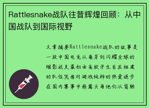 Rattlesnake战队往昔辉煌回顾：从中国战队到国际视野
